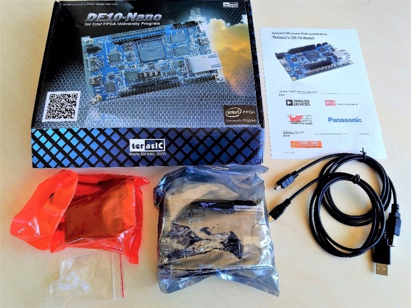 Contents of the box of a complete DE10-Nano card in July 2020